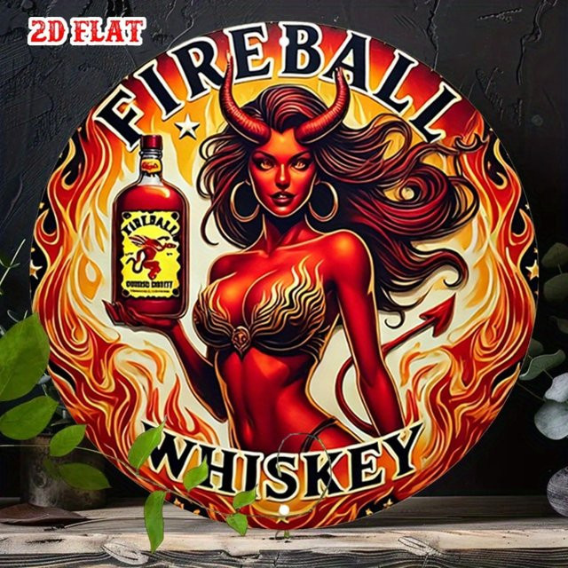 CIFBUY Vintage Pin-Up Art Metallschild mit rothaariger Teufelsfrau und Whisky-Flasche, rund, Mehrfarbig, Durchmesser: 20 cm - Bild 1
