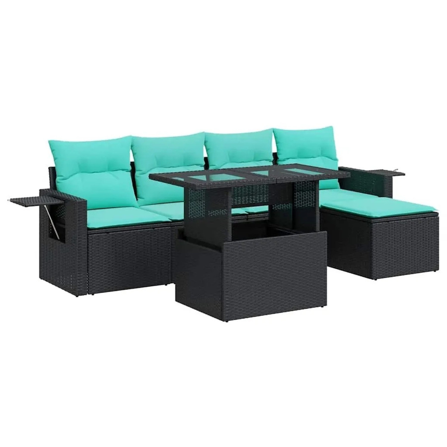 vidaXL 6-teilige Garten-Sofagarnitur in L-Form aus schwarzem Poly-Rattan und Akazie mit UV-beständigen Kissen - Bild 1