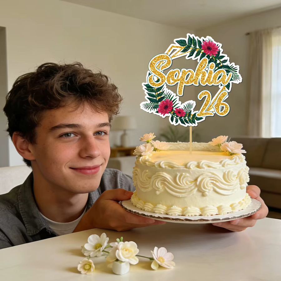 Personalisierte Sommer-Kuchendekoration von Cyuan mit Blumen und Grün, anpassbar mit Namen und Alter, bunt, aus Papier - Bild 3