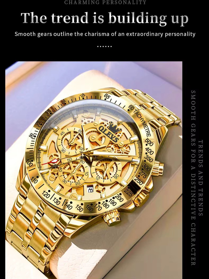 OLEVS Armbanduhr Chronograph, Edelstahl, Gold, Quarz, Herren - Bild 7
