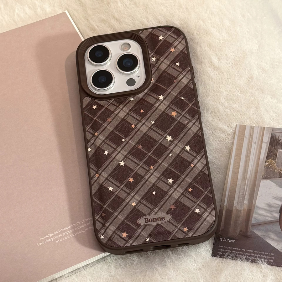 Stoßfeste Handyhülle mit koreanischem geometrischem Karomuster und Sternen in Ledertextur für iPhone 11 bis iPhone 17 Pro Max, Farbe: Braun - Bild 5
