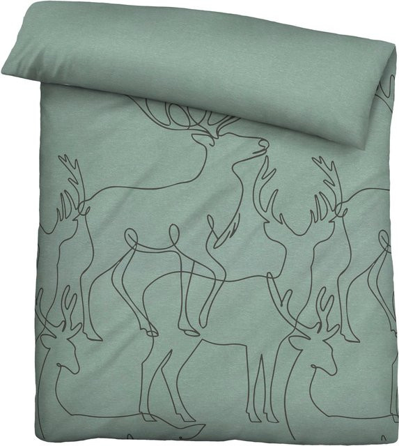 Biberna Bettwäsche aus Baumwolle in Flanell mit Tier-Motiv und Grafik-Design, Farbe: Grün, B/H: 155 x 220 cm, Kissen: 80 x 80 cm - Bild 1