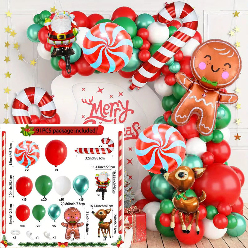 91-teiliges Weihnachtsballon-Set für Girlanden und Ballonbögen mit Lebkuchen, Elch und Santa Motiven, mehrfarbig, Kunststoff-Dekoration für Weihnachten und Neujahr - Bild 2