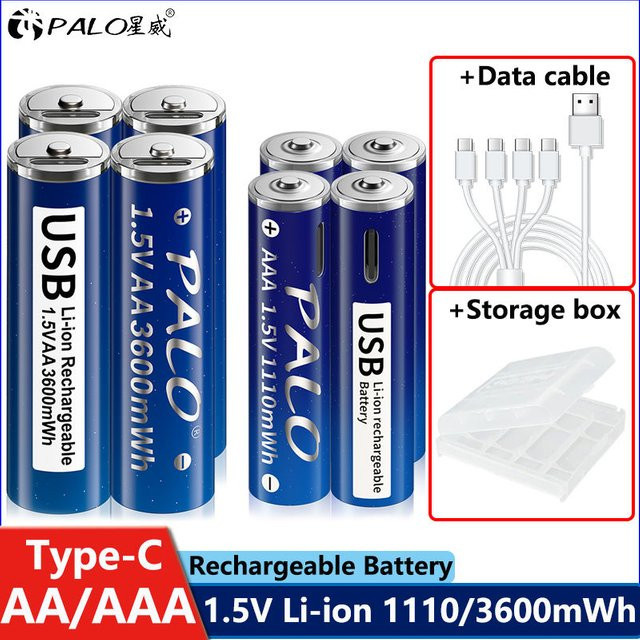 PALO USB-C wiederaufladbare Lithium-Ionen-Batterien AA 3600mWh und AAA 1110mWh in Blau inklusive Typ-C Kabel - Bild 1