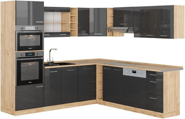 Vicco R-Line Eckküche in Anthrazit Hochglanz und Goldkraft Eiche, moderne Küchenzeile ohne Elektrogeräte, B/T/H: 237 x 247 x 81,6 cm - Bild 1