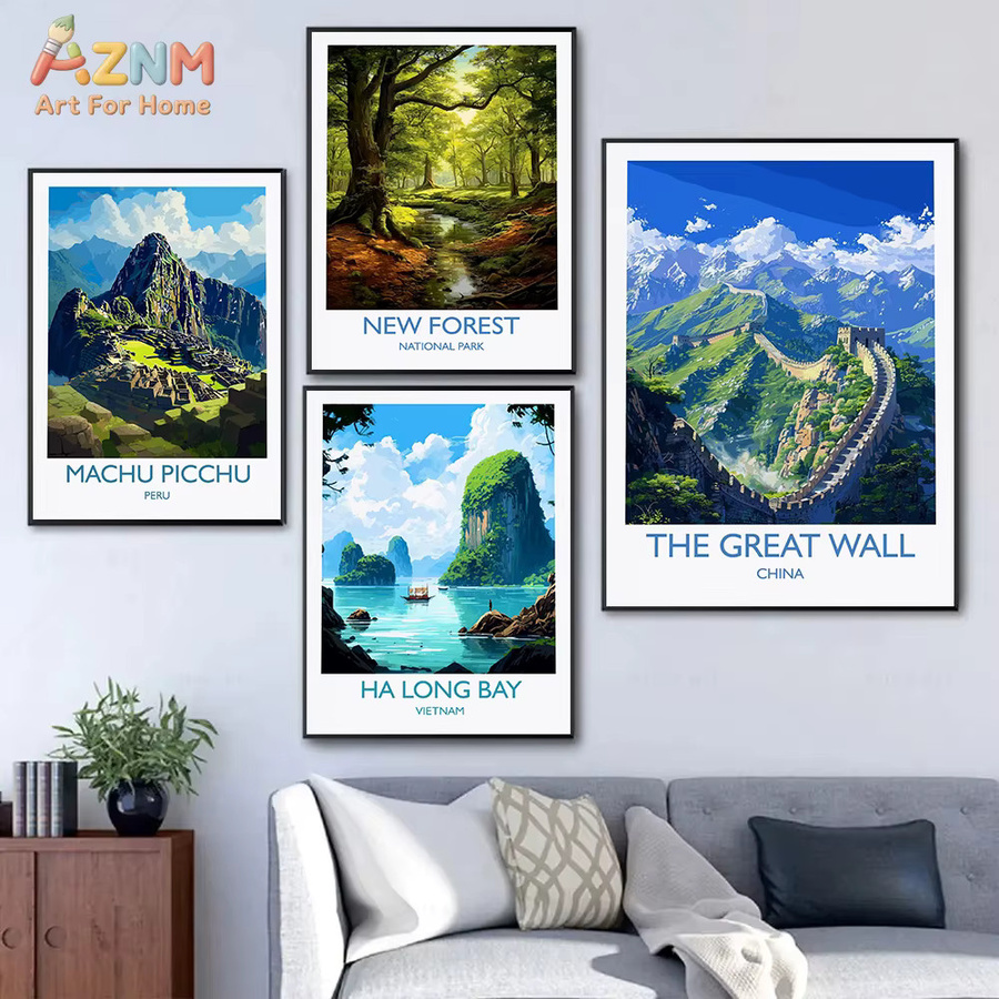 AZNM Reiseplakat-Set mit weltberühmten Sehenswürdigkeiten als rahmenlose Leinwand-Wandkunst im Vintage-Stil, mehrfarbig - Bild 2
