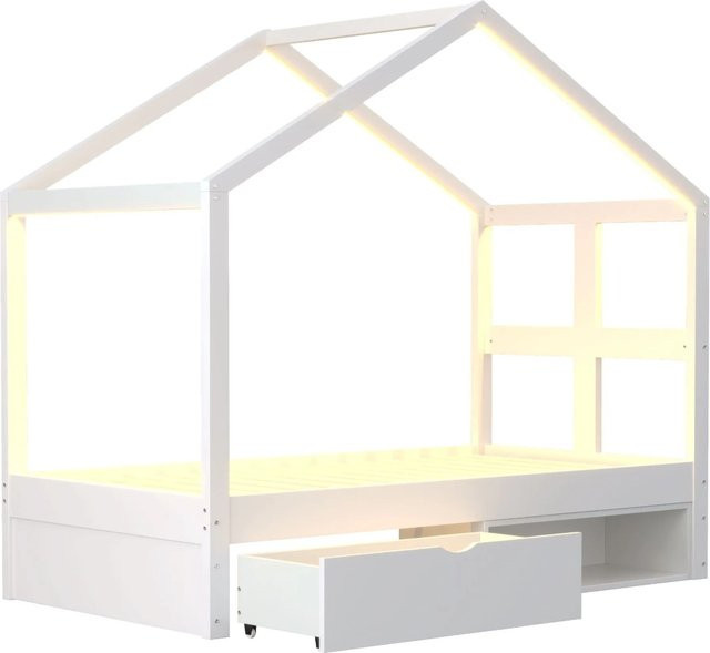 Merax Holzbett mit LED-Unterbettbeleuchtung und Schubladen in Weiß, B/T/H: 90 x 190 x 173,7 cm - Bild 1