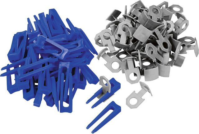 LUX-TOOLS Nivellierhilfe Startset in Blau mit 100 Keilen und 300 Clips für 1,5 mm Spaltmaß - Bild 1