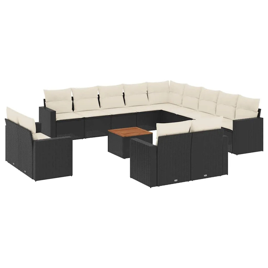 vidaXL 14-tlg. Garten-Sofagarnitur in L-Form aus Polyrattan und Akazienholz mit Kissen in Schwarz-Creme - Bild 2