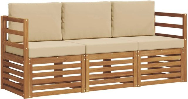 vidaXL Sofagarnitur 3-teilig aus Massivholz Akazie in Natur und Beige mit Sitz- und Rückenkissen im modernen Latten-Design - Bild 1
