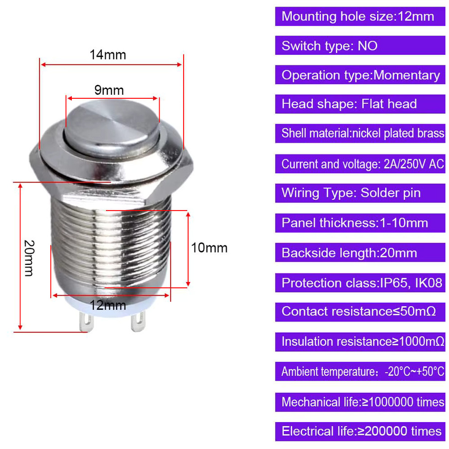 10 Stück AOKIN Druckknopf-Momentschalter aus Edelstahl in Silber, wasserdicht, 12 mm Durchmesser, Ein-Aus-Funktion, 2 A, 12 V/24 V/125 V/250 V, hoher Kopf - Bild 5