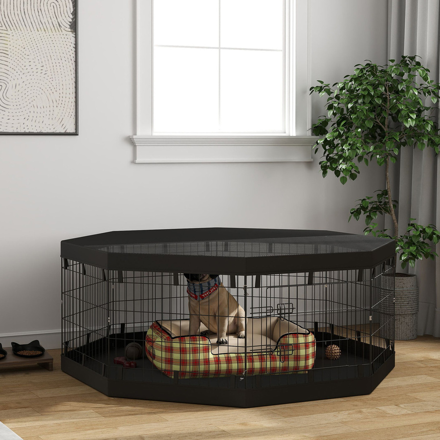 PawHut Hundepark Aosom aus Stahl mit 8 faltbaren modularen Paneelen, Tür sowie oberer und unterer Abdeckung, Farbe: Schwarz, B/T: 61 x 61 cm - Bild 2