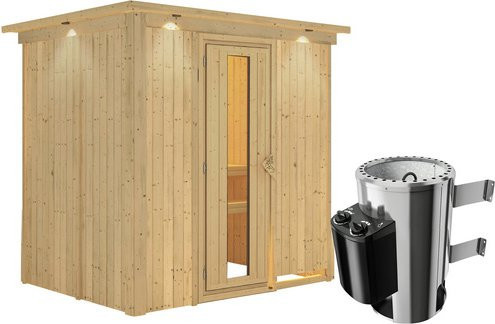 Karibu Sauna Kircholm aus Fichtenholz in Beige für 3 Personen inklusive 3,6 kW Saunaofen mit integrierter Steuerung, B/T/H: 210 x 165 x 202 cm - Bild 1
