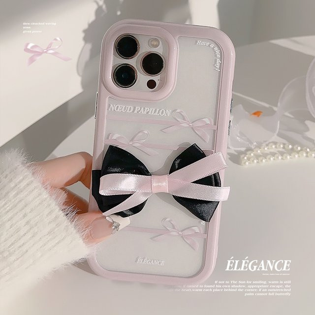 MUQGEW Koreanische 3D-Bowknot-Telefonhülle für iPhone 17 bis 11 Pro Max, XS, Max, XR, transparentes Acryl, stoßfeste Hartschale, Pink/Transparent - Bild 1