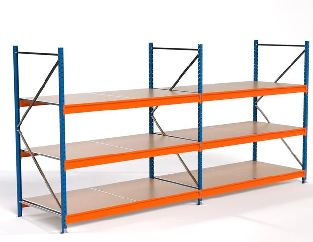 PROREGAL Industrie Weitspannregal MAXIMUS PRO Lagerregal mit 2 Feldern und 3 Spanplatten-Fachböden, Farbe Blau-Orange, H x B x T: 200 x 400 x 100 cm - Bild 1