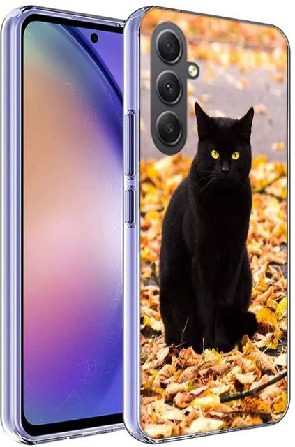 Handyhülle mit Herbst-Ahornblatt und Schwarzer Katze für Samsung Galaxy A12 5G, Schwarz und Mehrfarbig - Bild 1
