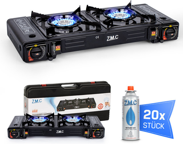 ZMC 2-flammiger Campingkocher 2,3 kW in Schwarz inklusive 20 Gaskartuschen à 227 g mit Piezo-Zündung, LPG-Adapter und tragbarem Koffer für Outdoor und Camping - Bild 1