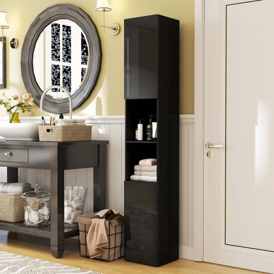 Aosom Bad-Hochschrank in Schwarz mit glänzender Oberfläche, 2 Schränken und 2 Nischen, B/T/H: 30 x 30 x 181,5 cm - Bild 2