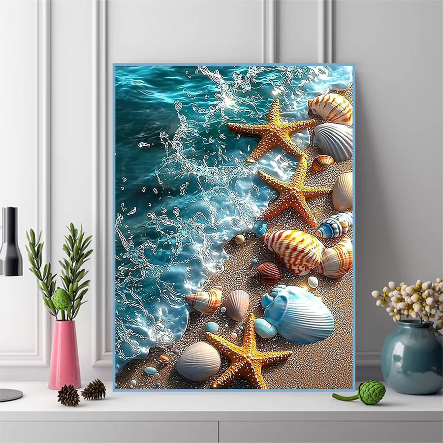 Momoart Diamant-Stickerei Meereslandschaft DIY Bild mit Seestern und Muschel in Blau - Bild 3