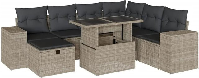 vidaXL 8-tlg. Garten-Sofagarnitur in L-Form mit Polyrattan und Kissen, Hellgrau - Bild 1