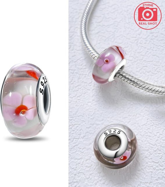 Murano Echtglasperle, Rosa Blumen, Kupferfarben, Für Anhänger und Armbänder - Bild 1