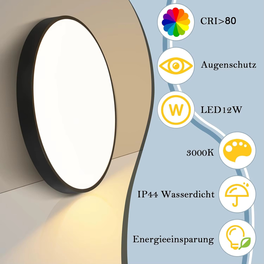 Cliheet LED-Deckenleuchte rund in Schwarz, 12W, IP44 wasserdicht, Warmweiß 3000K, Durchmesser: 21 cm - Bild 2