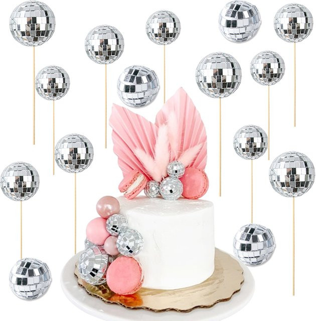 Silberne Spiegelkugel als Disco Ball Kuchen Topper für Retro Party und Geburtstag Dekoration - Bild 1