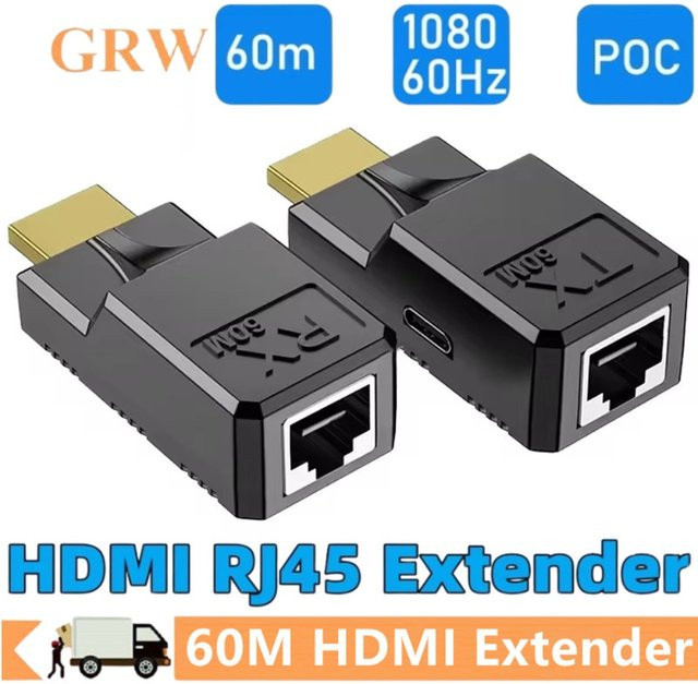 GRWIBEOU HDMI Extender über LAN bis 60m, 1080P 60Hz HDMI zu RJ45 Netzwerk Verlängerung mit POC Netzteil, Schwarz - Bild 1