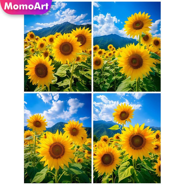 Momoart Diamantstickerei Sonnenblume und Berg Landschaft als Mosaik-Strassbild zur Dekoration - Bild 1