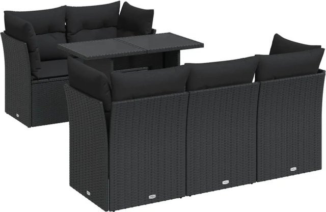 vidaXL 6-teilige Garten-Sofagarnitur aus Poly-Rattan mit Kissen in Schwarz - Bild 1