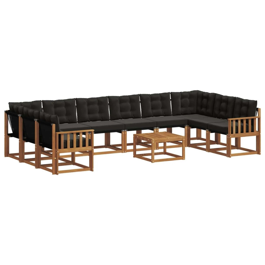 vidaXL Outdoor-Sofagarnitur 11-tlg. aus massivem Akazienholz mit Textilene und Kissen in Natur und Schwarz - Bild 2