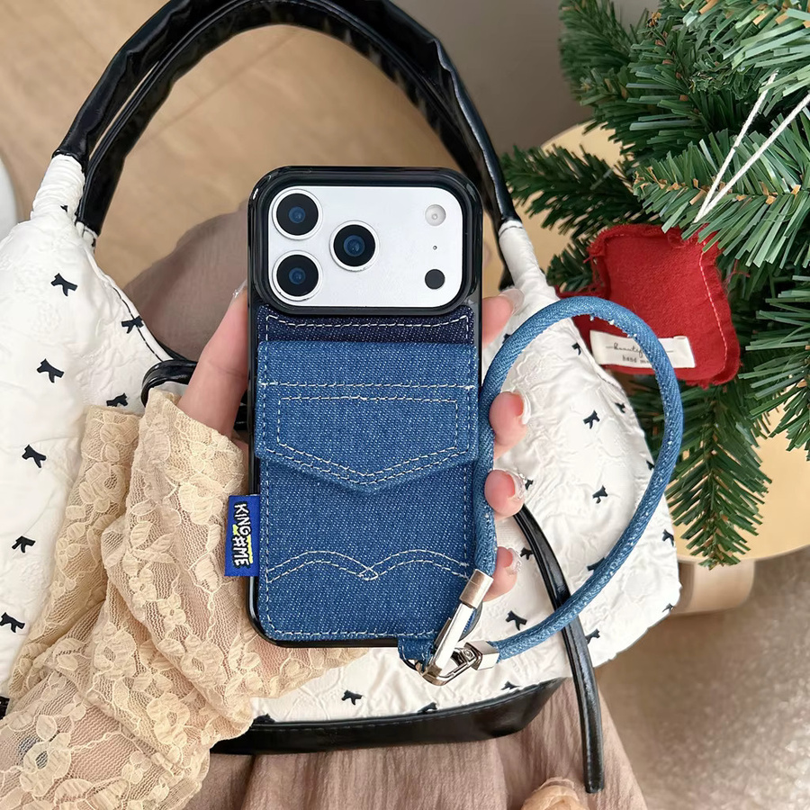 Stoßfeste Retro-Kartenhülle aus Denim-Blau mit Umhängeband für iPhone 17, 16, 15 und 14 Pro Max - Bild 4