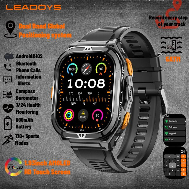 LEADOYS Smartwatch, GPS, Grau, Silikon, Herren - Bild 1