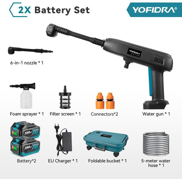 YOFIDRA 6 in 1 Hochdruck Autowaschpistole mit Wassertank und 2 Akkus für Makita 18V, Schwarz - Bild 1