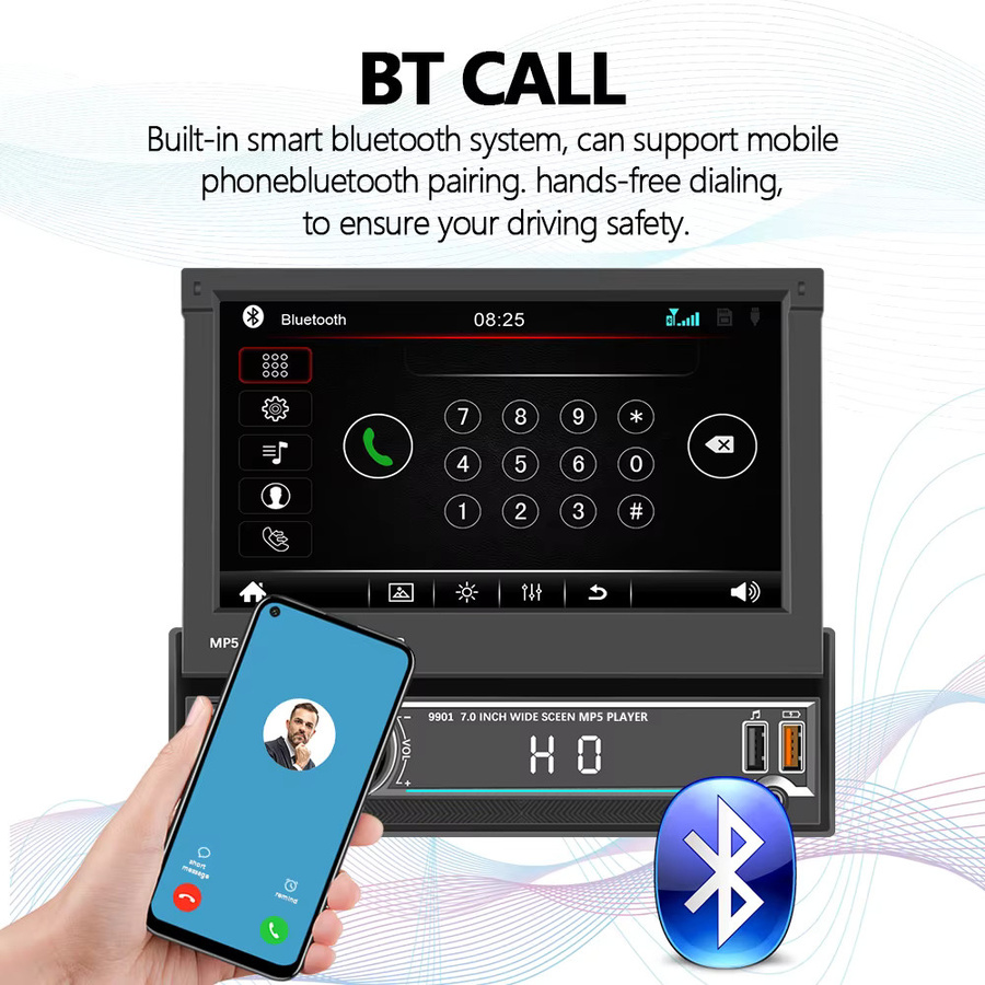 Camecho 1 Din Autoradio mit 7 Zoll ausfahrbarem Screen, MP5 Multimedia Player, Bluetooth, Mirrorlink, USB/Typ-C und AUX in Schwarz - Bild 3