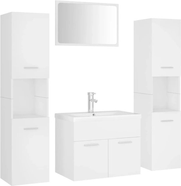 vidaXL Badmöbel-Set Modell 50 in Weiß aus Holzwerkstoff mit Spiegel, Waschbeckenunterschrank, 2 Hochschränken und Einbaubecken inklusive Wasserhahn - Bild 1