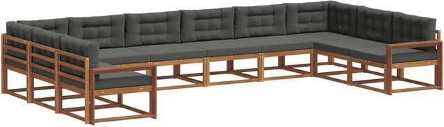 vidaXL Outdoor-Sofagarnitur aus massivem Akazienholz in L-Form mit Kissen, 10-teiliges Set, Natur und Anthrazit - Bild 1