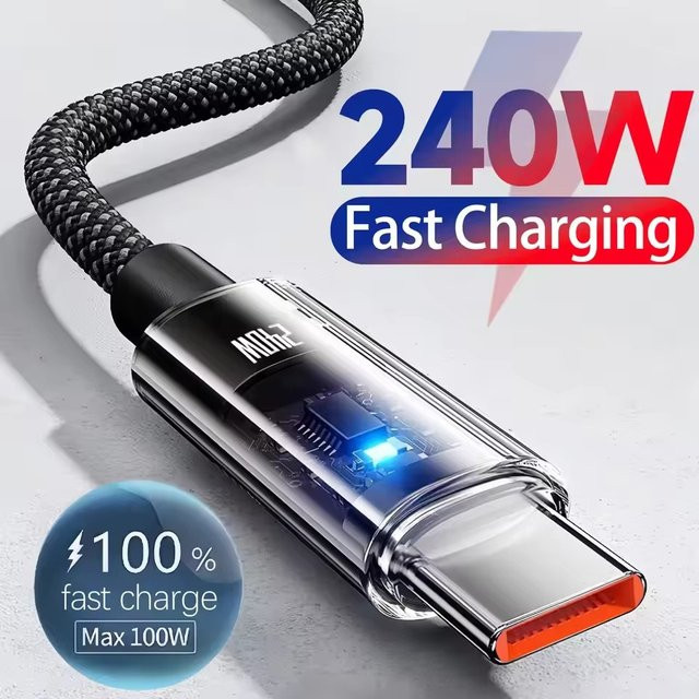 DIXSG USB-C PD Schnelllade- und Datenkabel aus Nylon mit LED-Anzeige, 240W, Schwarz, Länge: 1,5 m - Bild 1