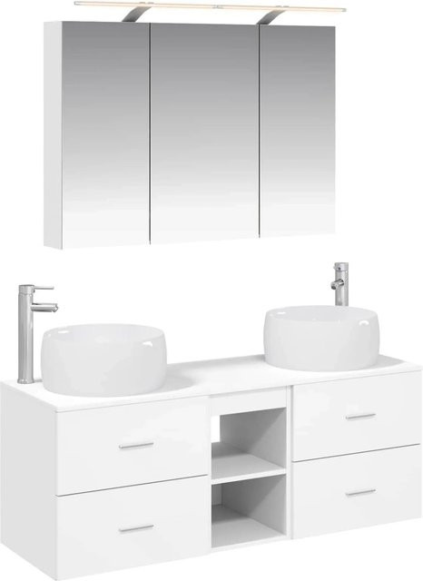 vidaXL Badezimmermöbel-Set 4-teilig in Weiß, modern mit Waschtischunterschrank und Spiegelschrank, inklusive LED-Beleuchtung und Glasdetails - Bild 1
