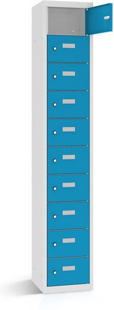 rotstahl Wertfachschrank mit 10 Fächern, Korpus lichtgrau und Türen blau, B/T/H: 42,5 x 30 x 180 cm - Bild 1
