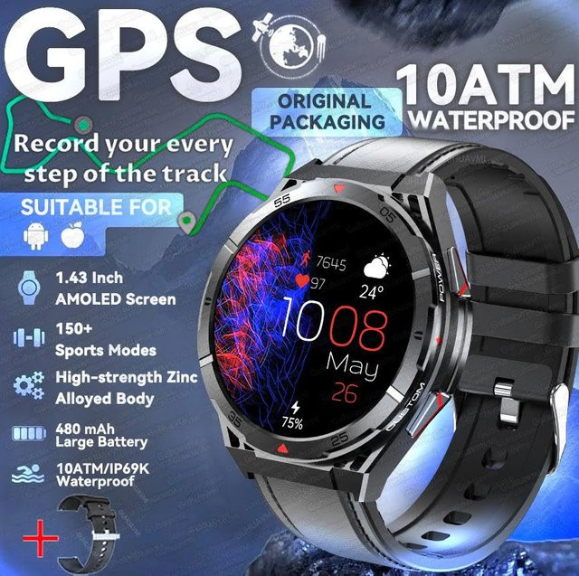 GPS Sport Smartwatch für Herren mit 1,43 Zoll HD AMOLED Bildschirm, Bluetooth Anruf, Herzfrequenzmessung und Kompass, wasserdicht, Schwarz mit Lederarmband - Bild 1