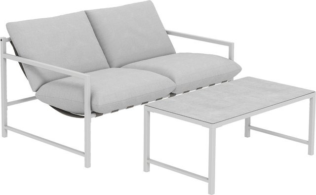 Outsunny 2-teiliges Garten-Lounge-Set mit 2-Sitzer-Sofa, 2 Kissen und Couchtisch mit 3D-marmorierter Glasplatte, Hellgrau - Bild 1