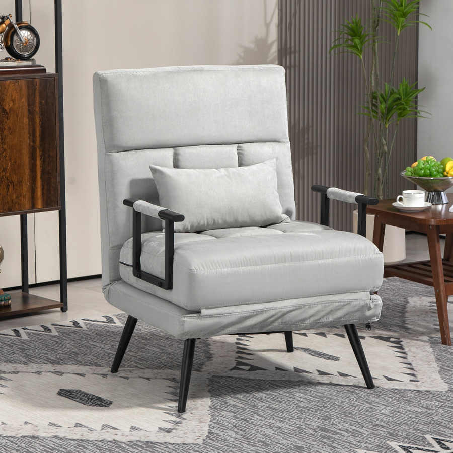 HOMCOM Schlafsessel 1-Sitzer als Schlafsofa mit 5-fach verstellbarer Rückenlehne, Armlehnen und Kissen in Grau mit Samt-Effekt - Bild 2