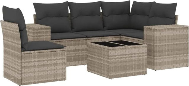 vidaXL 6-teilige Garten-Sofagarnitur in L-Form aus Polyrattan in Hellgrau mit Sitzkissen und Stauraum - Bild 1