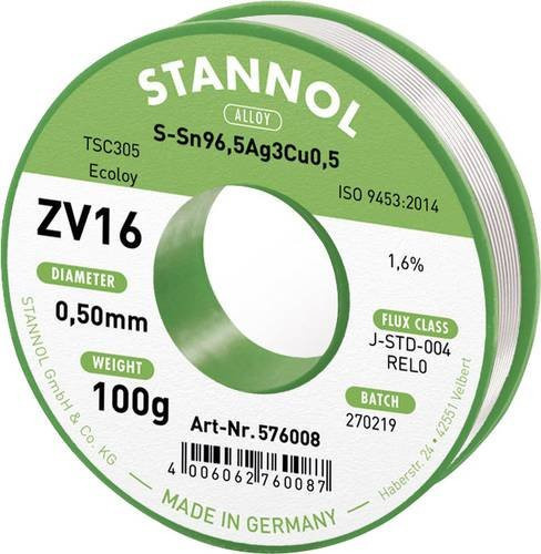 Stannol ZV16 Bleifreies Lötzinn Sn96,5Ag3Cu0,5 Silber Durchmesser: 0,5 mm Gewicht: 100 g - Bild 1