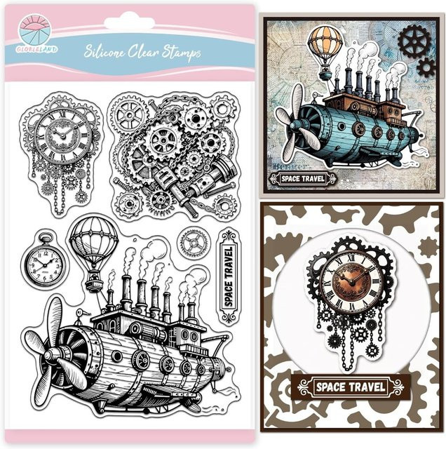Vintage Steampunk Motivstempel aus transparentem Resin mit Zahnrädern, mechanischer Uhr und Heißluftballon - Bild 1