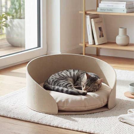 Rundes Tierbett MCW-Q61 für Hunde und Katzen aus Filz mit Kissen, Durchmesser: 39 cm, beige