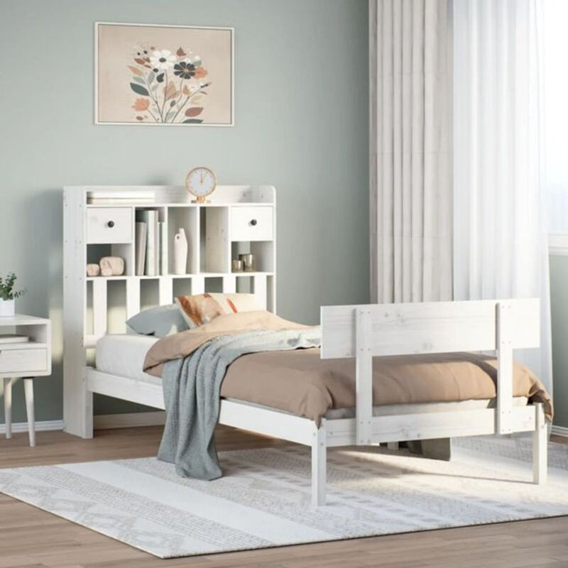 Massivholzbett Vidaxl aus Kiefer mit Regal in Weiß, B/T/H: 75 x 190 cm - Bild 1