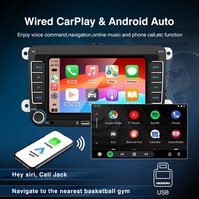 Ezonetronics 7-Zoll Universal Auto-Stereoanlage mit CarPlay, Bluetooth, GPS und FM-Radio in Schwarz für VW Passat Golf MK5 MK6 Jetta T5 EOS POLO - Bild 1