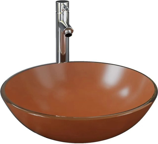 vidaXL Badezimmer Waschbecken mit Wasserhahn und Ablaufgarnitur in Braun aus Messing und gehärtetem Glas B/T/H: 42 x 42 x 13 cm - Bild 1